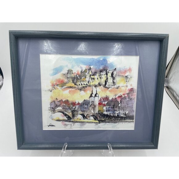 Signed Watercolor Print Cityscape Blue Frame - Picture 1 of 7